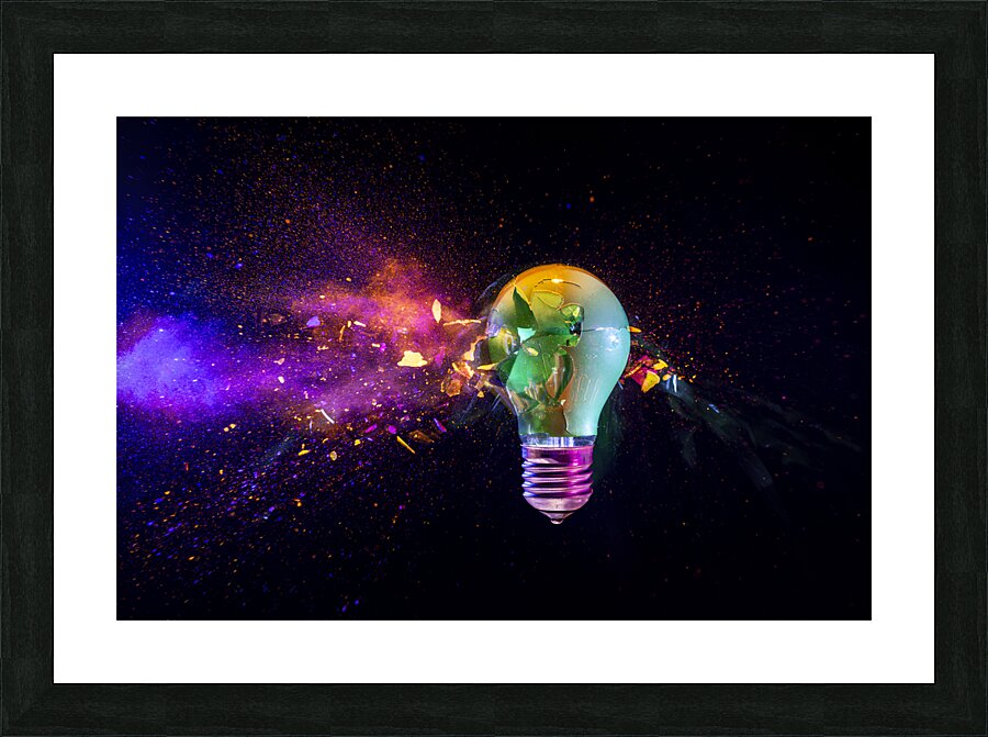 Broken light bulb exploding with colorful  Picture Frame print