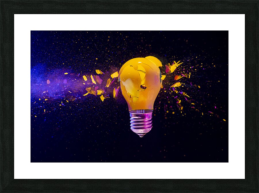Yellow light bulb exploding black background  Picture Frame print