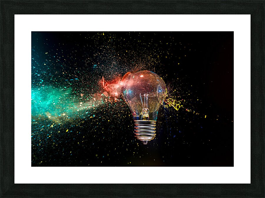 Light bulb exploding with colorful powder  Picture Frame print