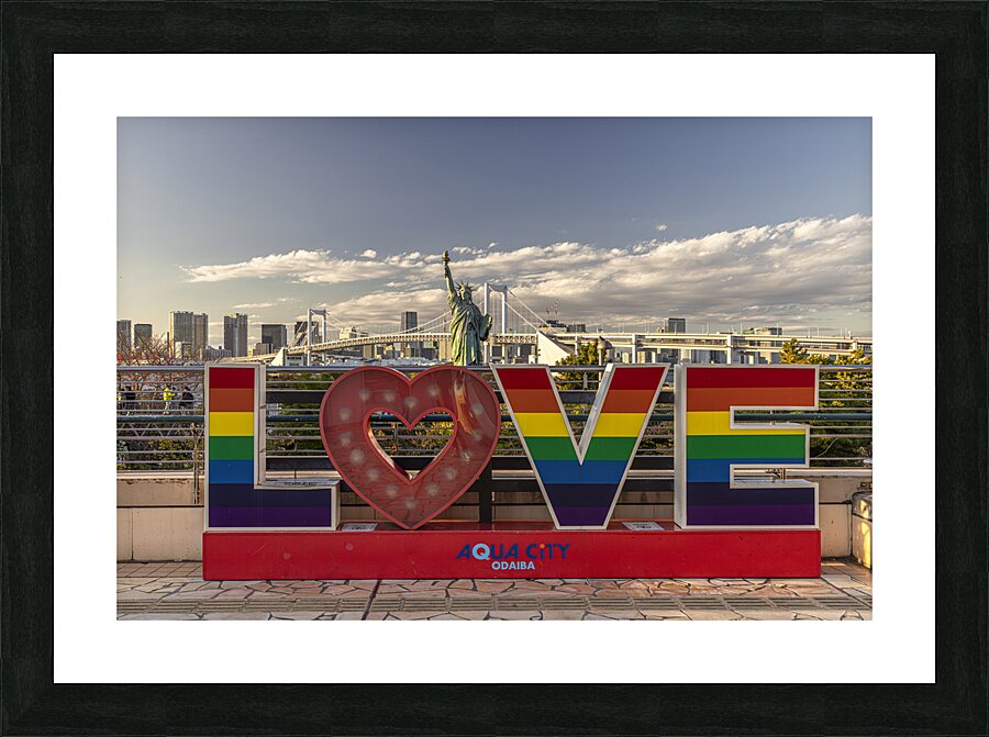 Rainbow love sign standing in front of rainbow bridge  tokyo Picture Frame print