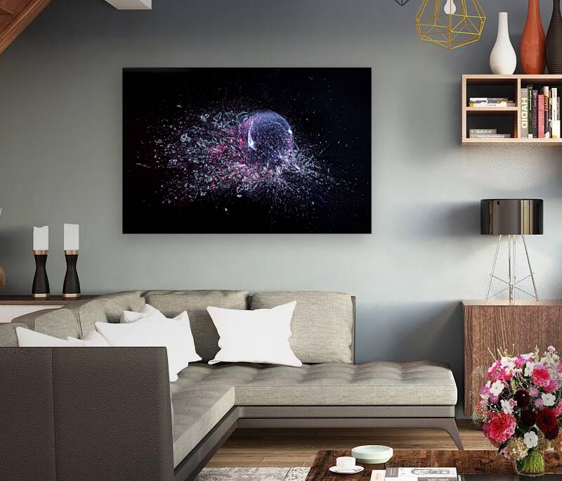 explosion of a glass ball on a black background.  Reproduction