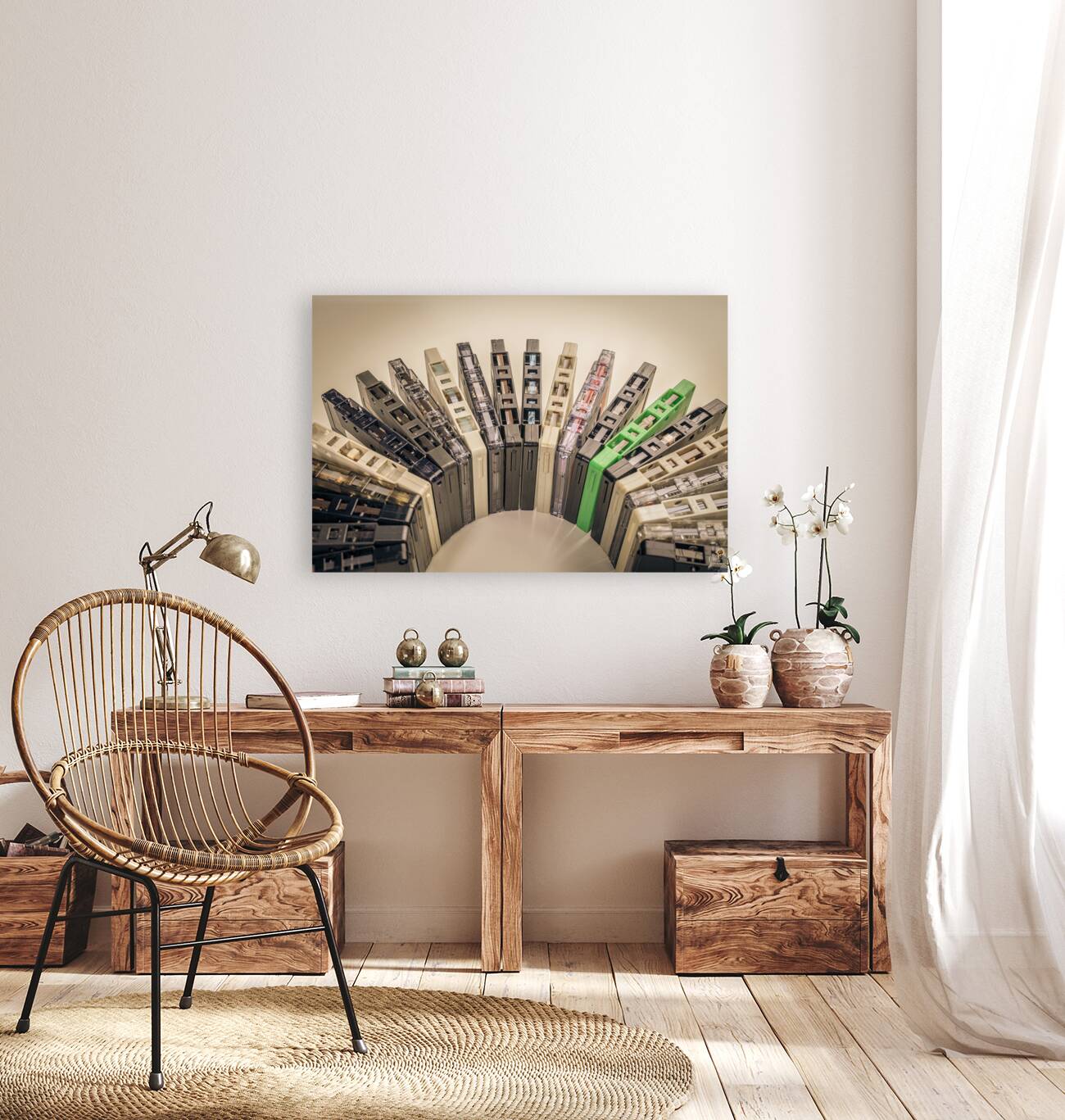 old cassettes arranged in an arc background Reproduction