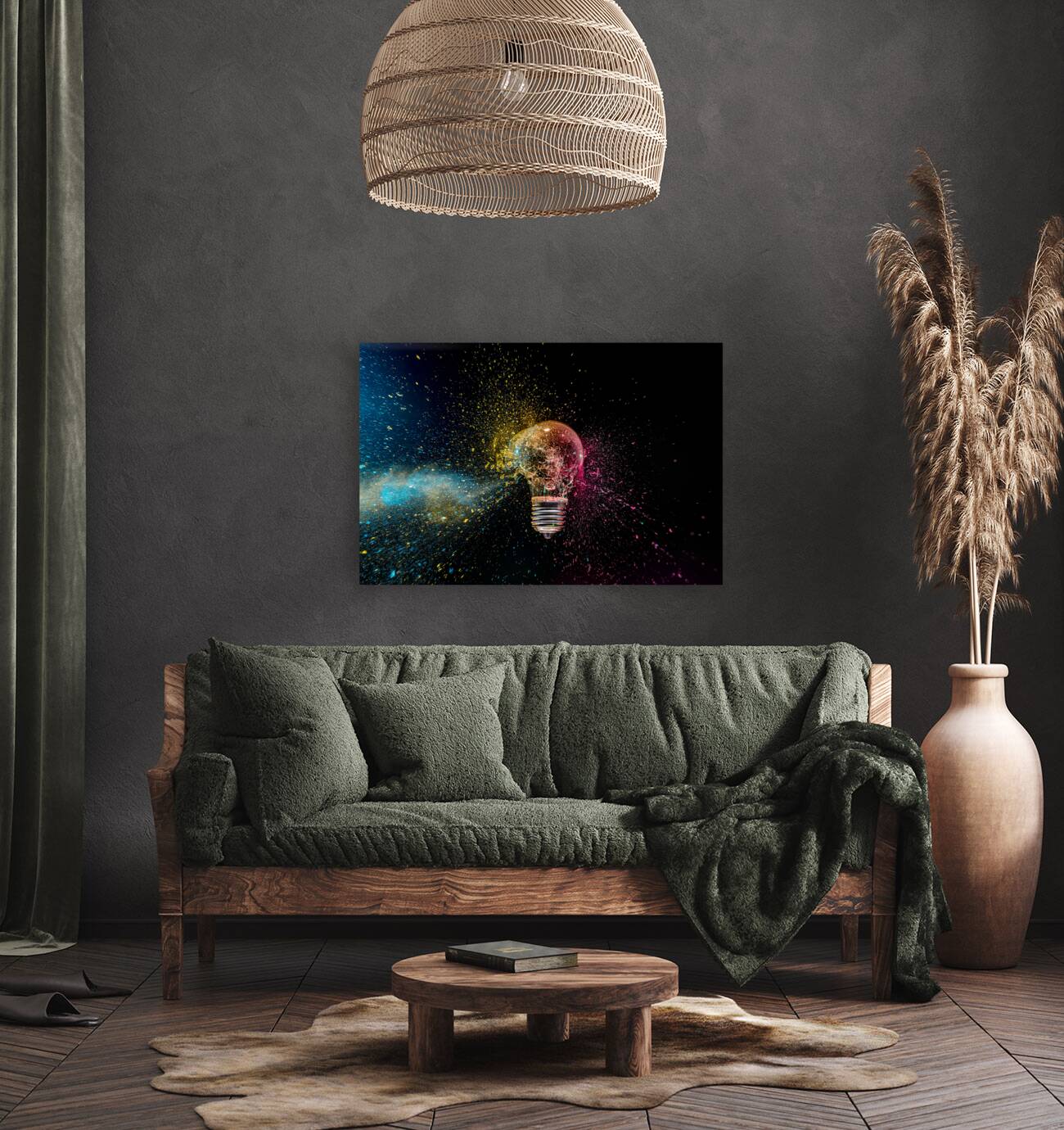 Lightbulb exploding with colorful powder Reproduction