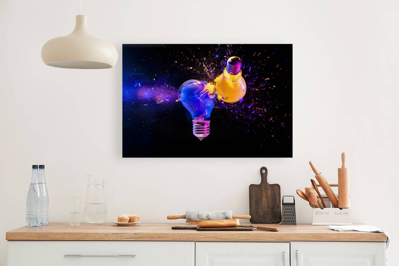 Two colorful light bulbs exploding in a cloud of shards Reproduction