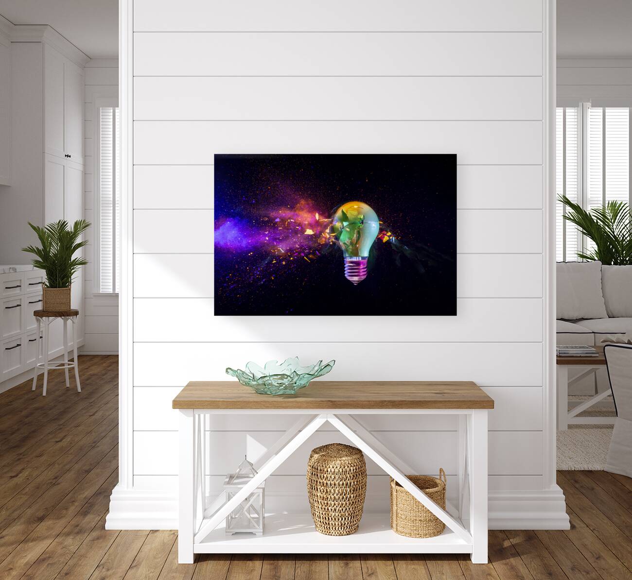 Broken light bulb exploding with colorful  Reproduction