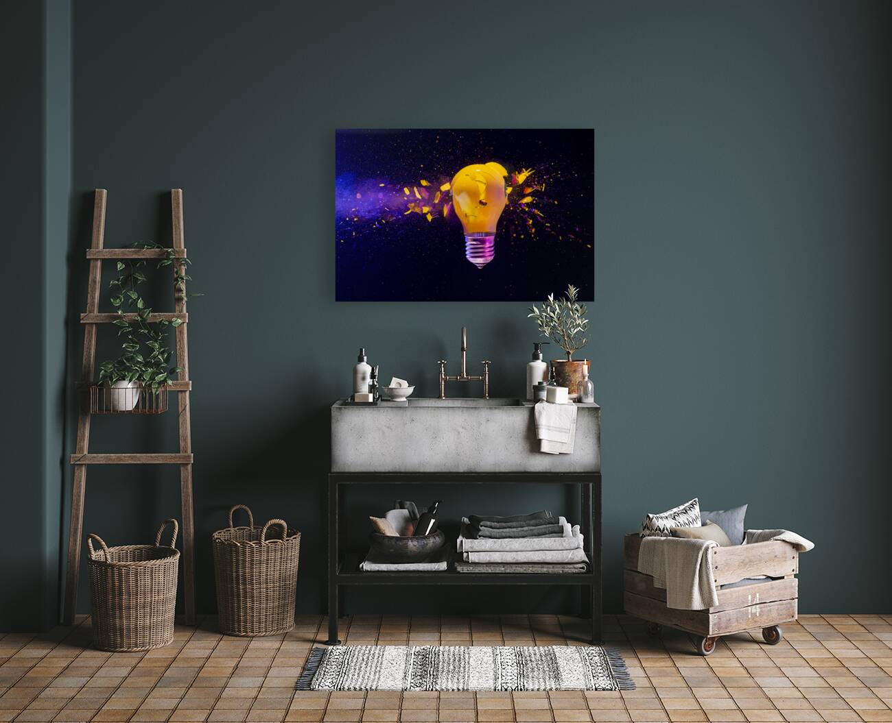 Yellow light bulb exploding black background  Reproduction
