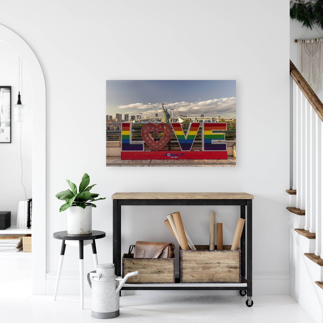 Rainbow love sign standing in front of rainbow bridge  tokyo Reproduction