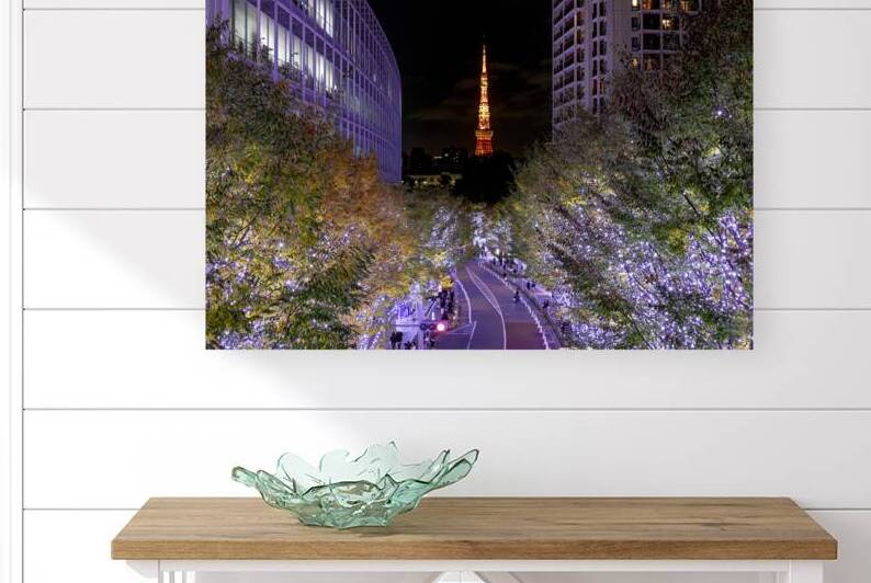 christmas lights and a view of the tokyo tower in the roppongi d by Gualtiero Boffi
