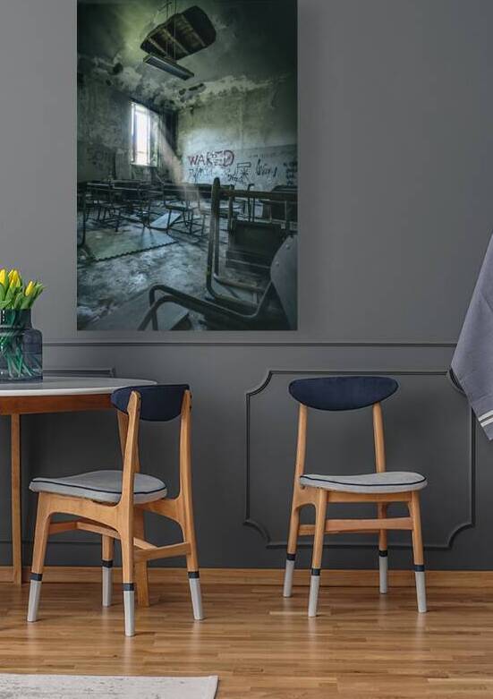 old  and vandalised interior of a school classroom by Gualtiero Boffi