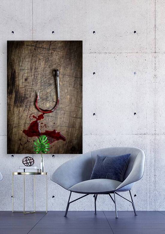 bloody steel hook on wooden bottom by Gualtiero Boffi