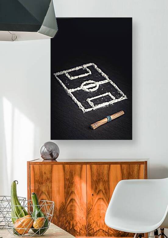 rolled up banknote and football field drawn with cocaine drugs b by Gualtiero Boffi
