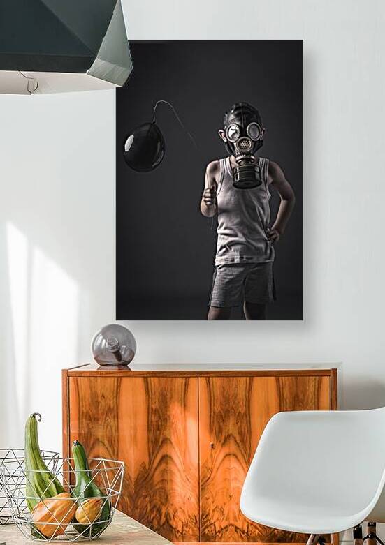 child with gas mask and black balloon by Gualtiero Boffi