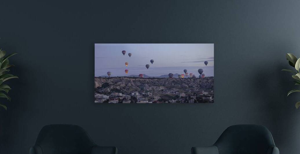 landscape with hot air balloons in the sky at dawn by Gualtiero Boffi