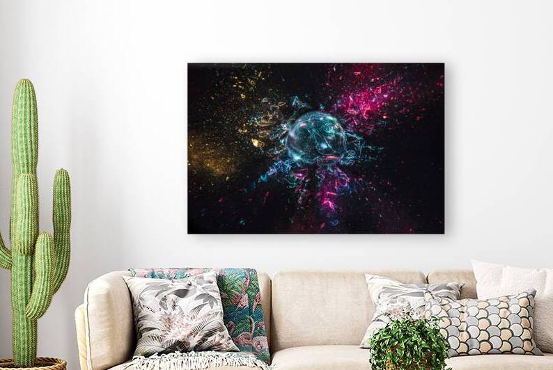explosion of a glass ball with colored lights black background. by Gualtiero Boffi