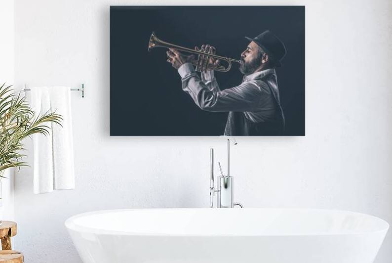 profile view of a jazz trumpet player with beard and hat. by Gualtiero Boffi
