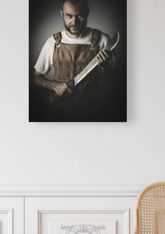dramatic portrait of a killer holding a machete by Gualtiero Boffi