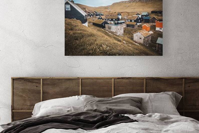 Group of houses with grass roof in the village of mykines by Gualtiero Boffi