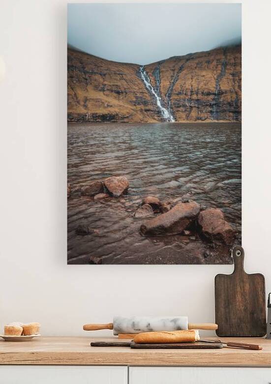 waterfalls that flow into the lake of Saksun in the Faroe Reproduction