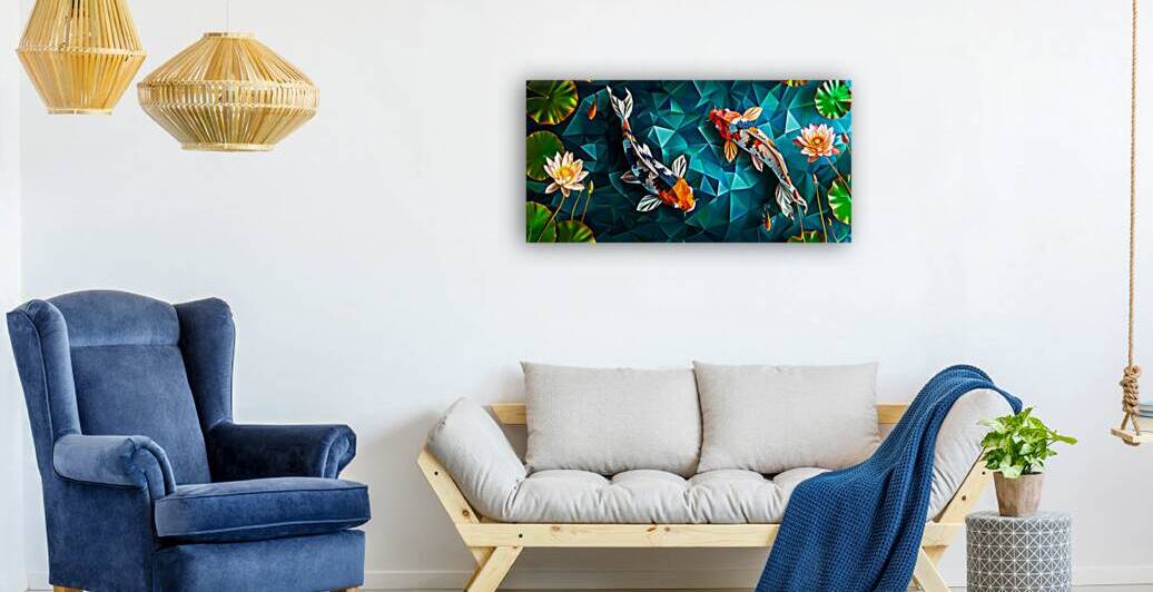 Vibrant koi pond in polygonal art style by Gualtiero Boffi