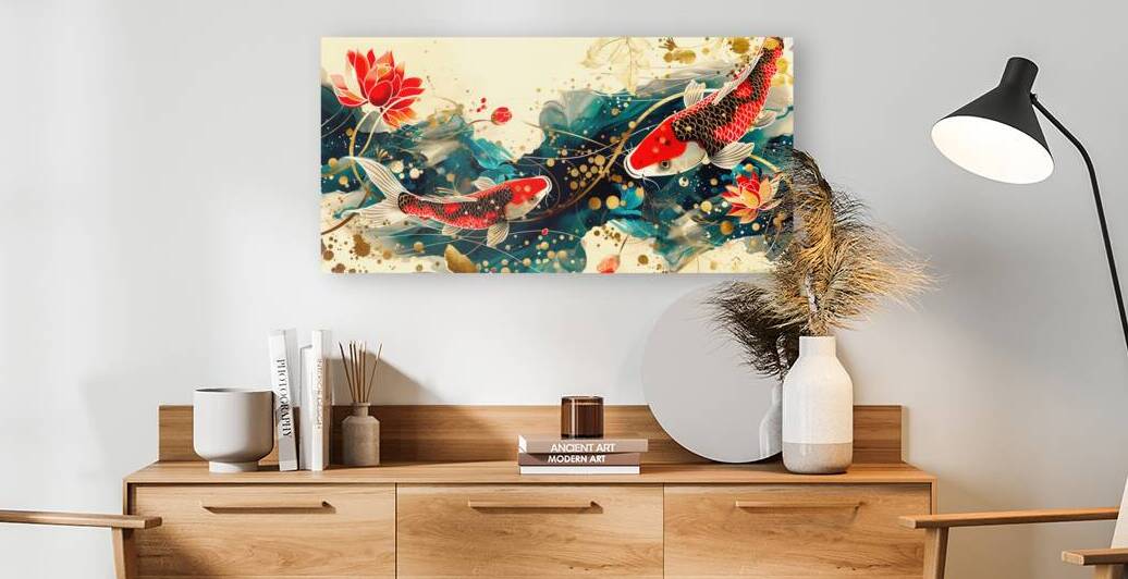 Abstract koi fish and lotus flower illustration by Gualtiero Boffi