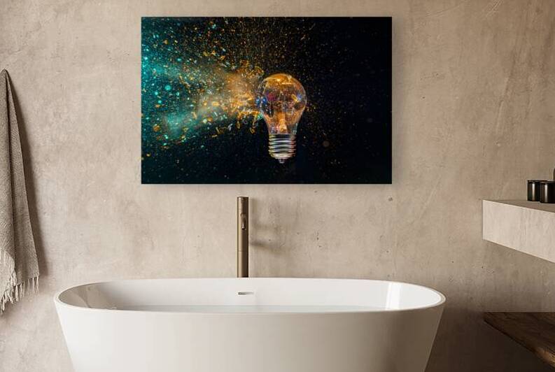 Bright idea exploding lightbulb with colorful powder on black ba by Gualtiero Boffi