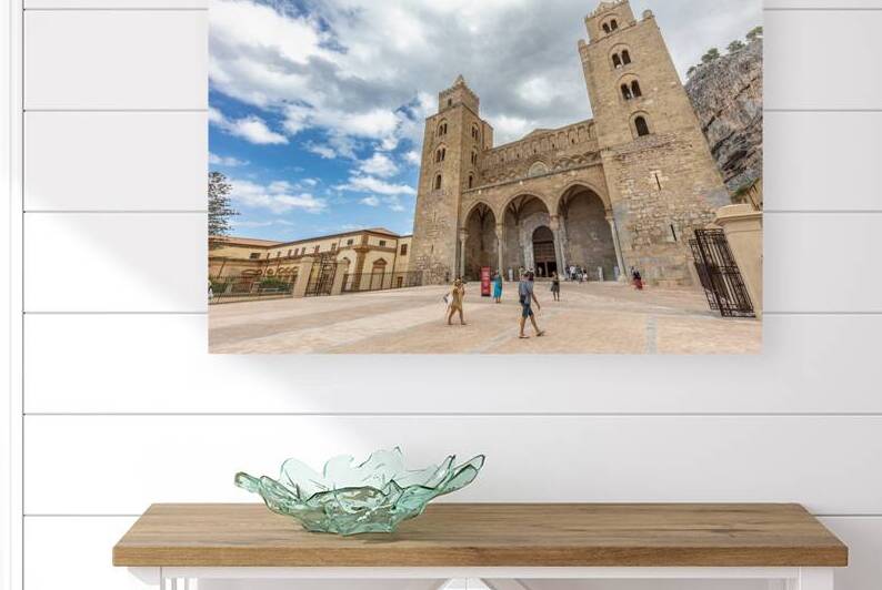 Tourists walking in the square in front of the cefalu cathedral  by Gualtiero Boffi