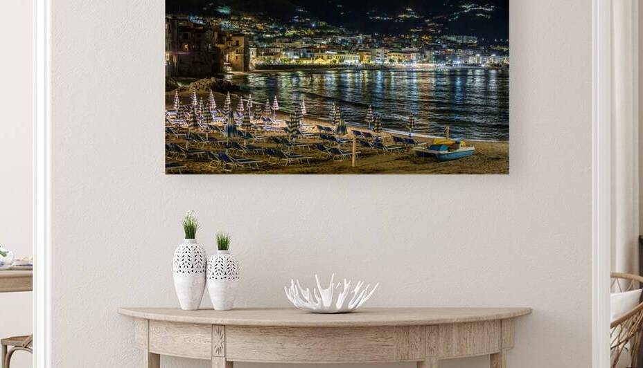 sparkling coastal city at night cefalu sicily  by Gualtiero Boffi
