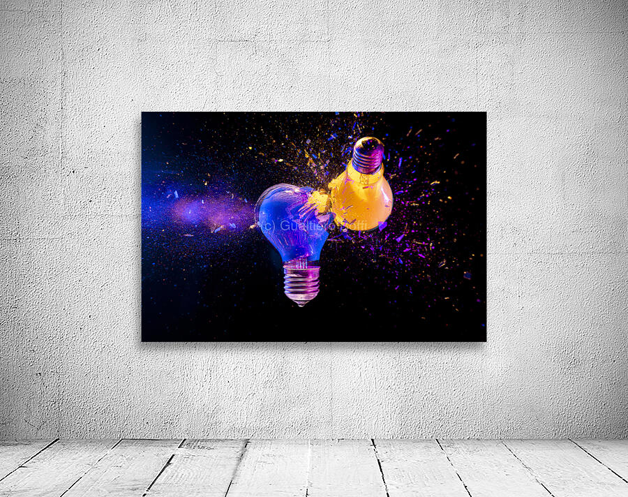 Two colorful light bulbs exploding in a cloud of shards Wall Preview