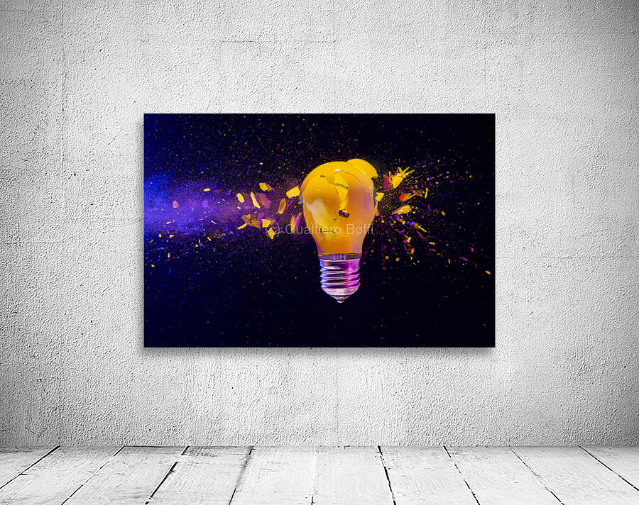 Yellow light bulb exploding black background  Wall Preview