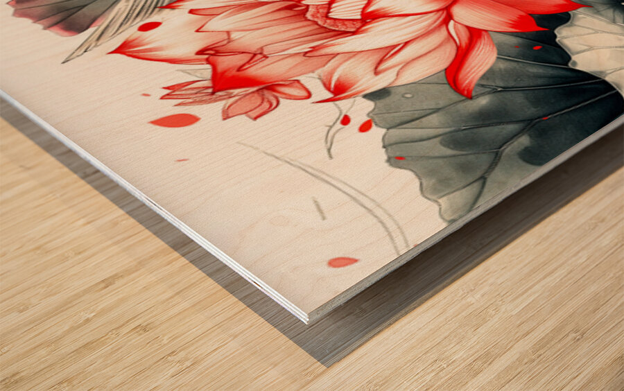 Elegant koi fish with lotus flowers panoramic art Wood print