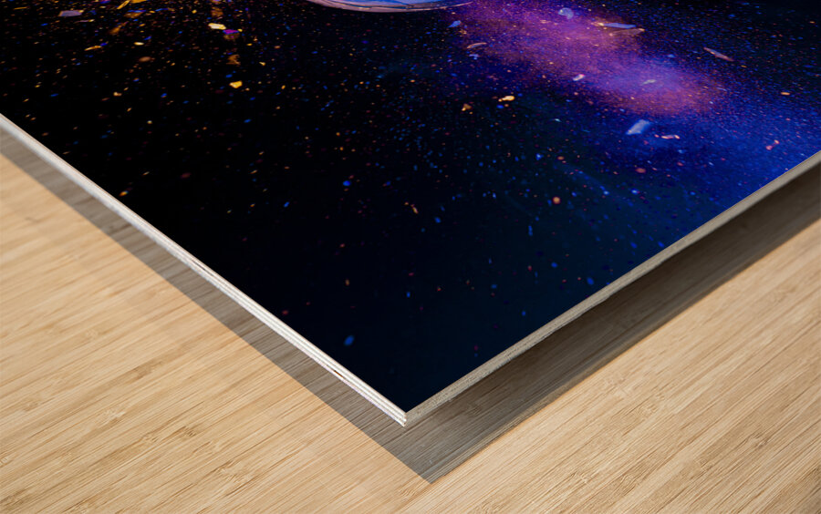 Two colorful light bulbs exploding in a cloud of shards Wood print