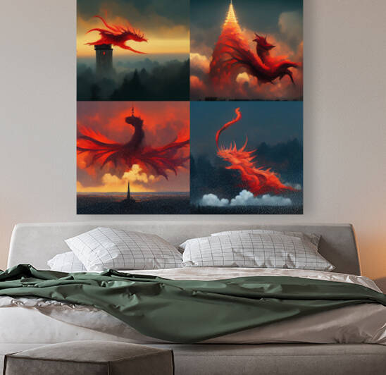 Ceolwulf red dragon on top of a tower breathi by Kelly Marie Johnson