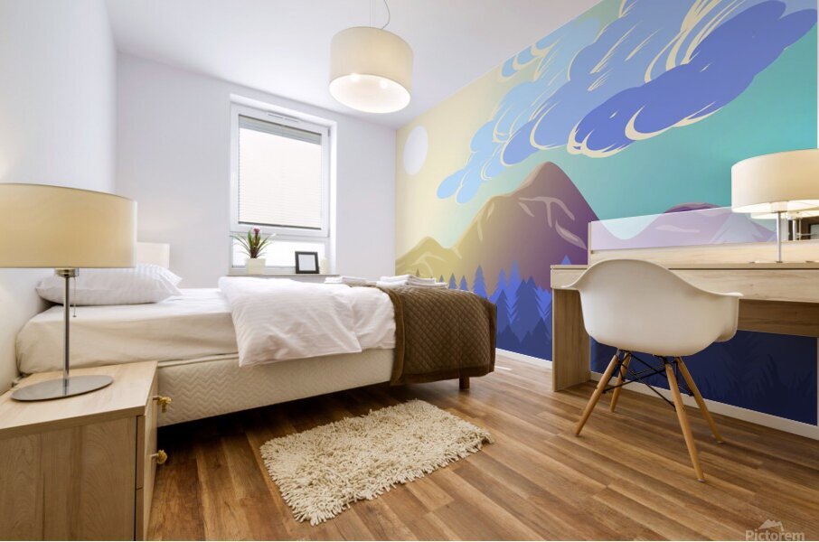 mountains forest landscape sky clouds sun sunligh Mural print