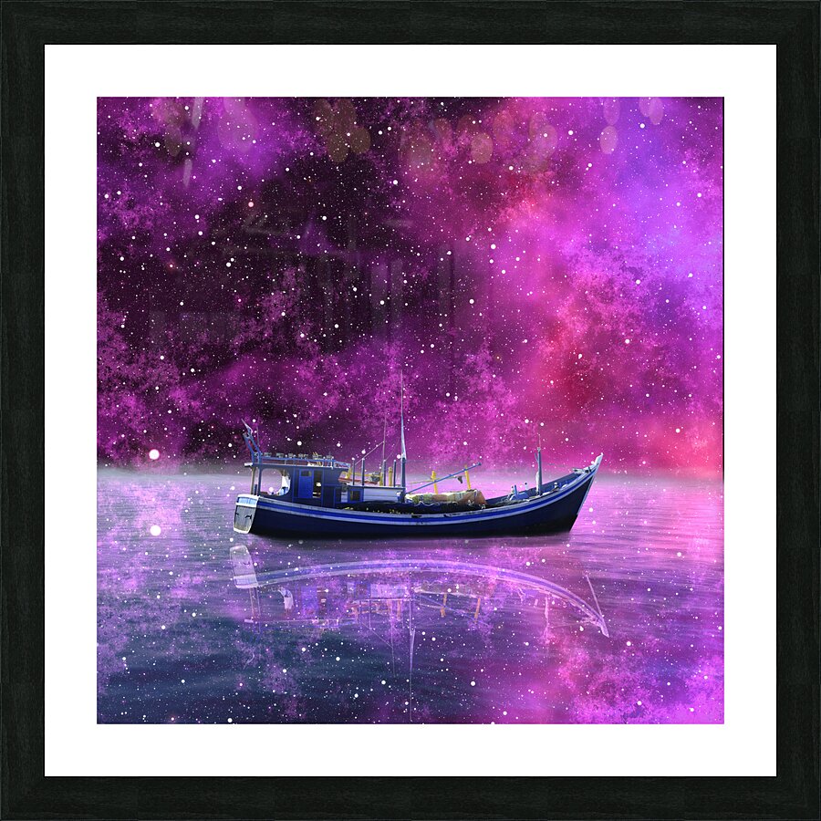 boat fisherman ship sea ocean milky way night nat Picture Frame print