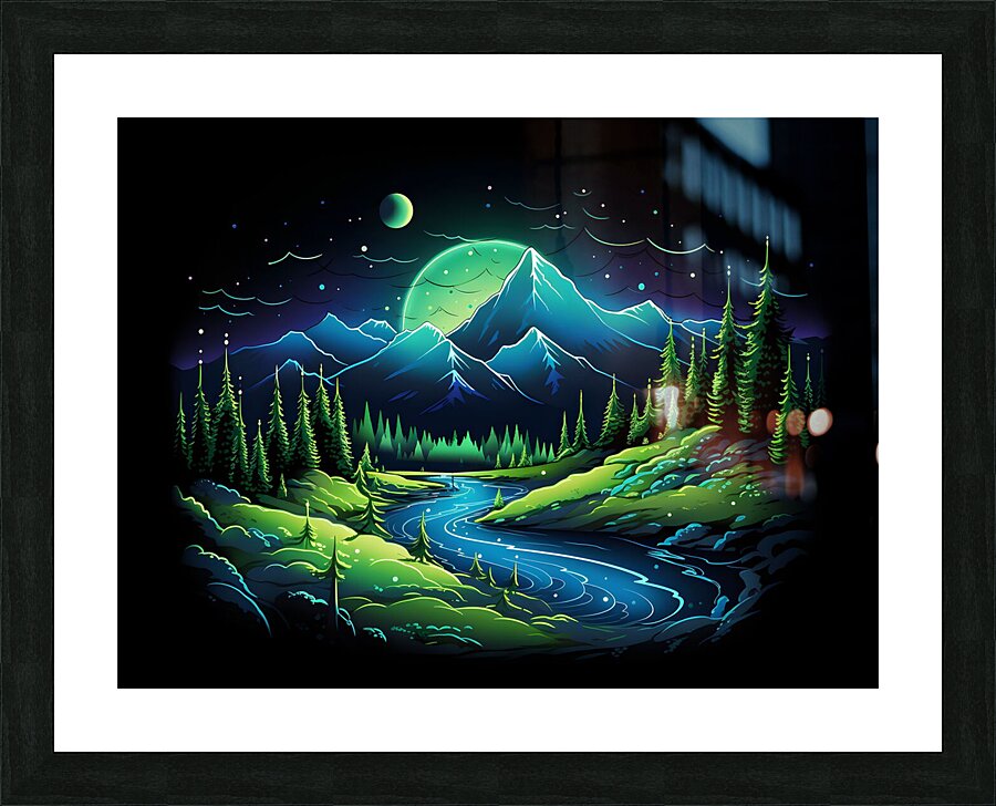 nature neon green blue mountains river trees dark Picture Frame print