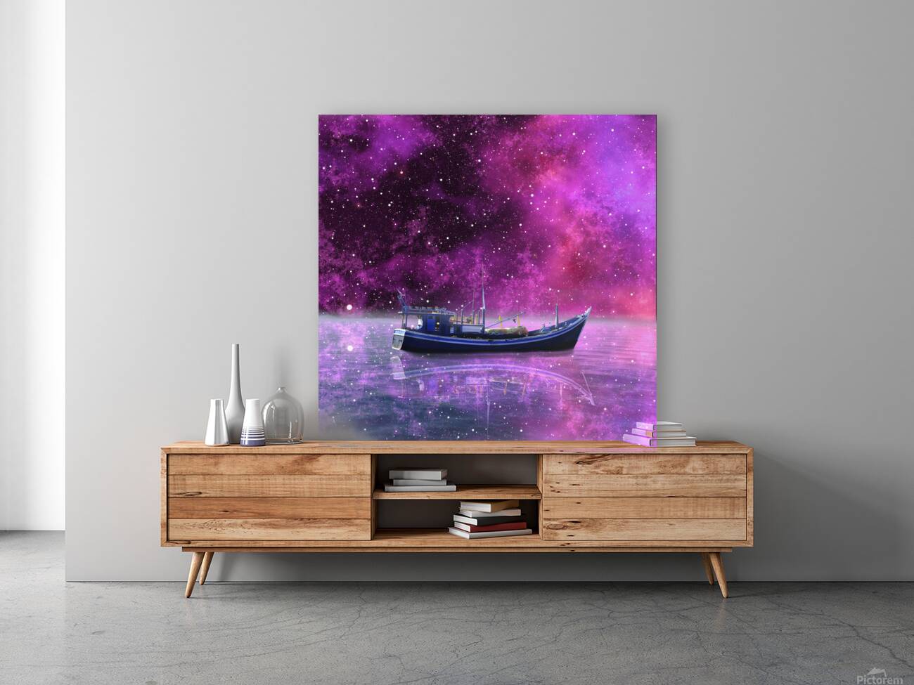 boat fisherman ship sea ocean milky way night nat Reproduction