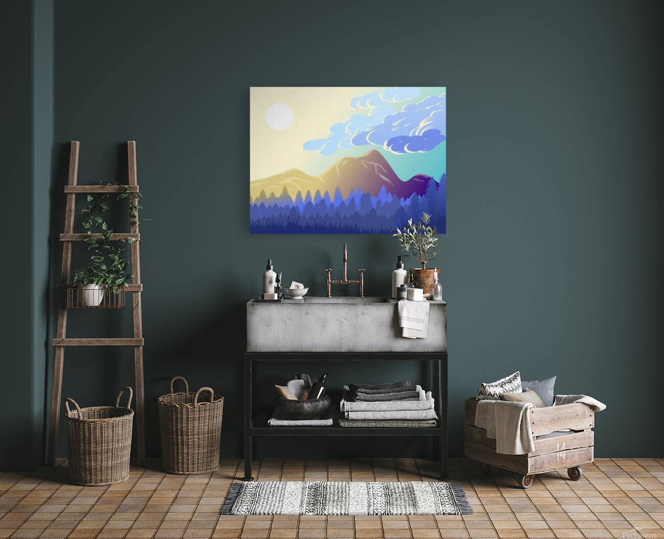 mountains forest landscape sky clouds sun sunligh Reproduction