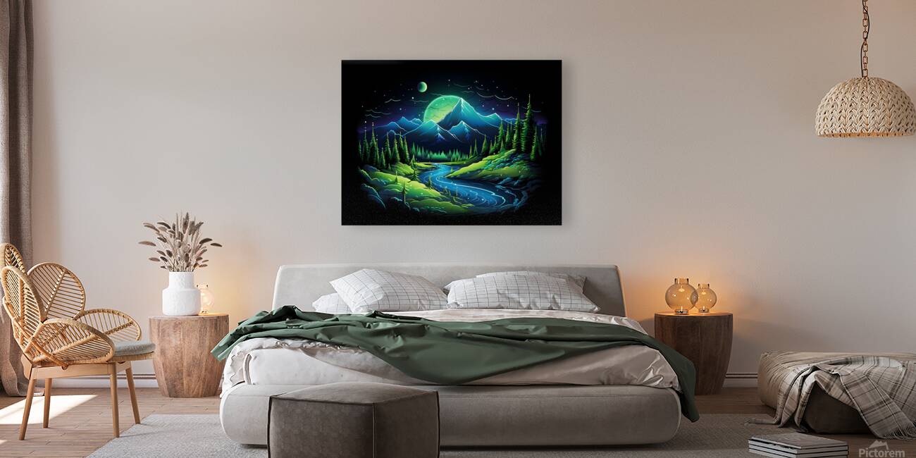 nature neon green blue mountains river trees dark Reproduction