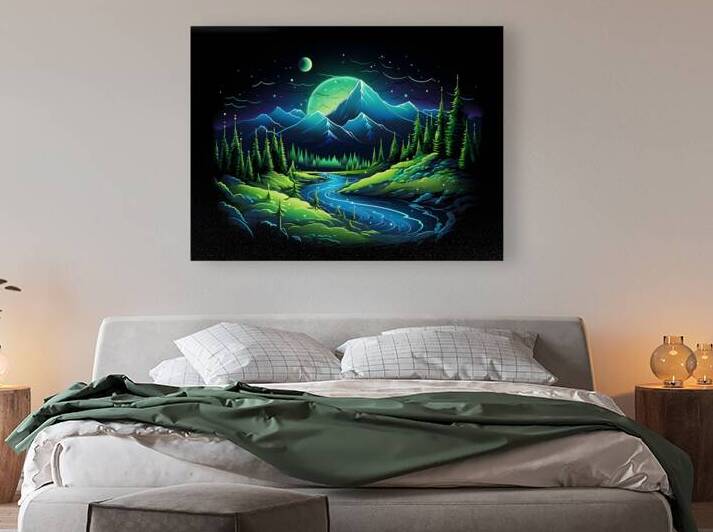 nature neon green blue mountains river trees dark by Sastroredjo