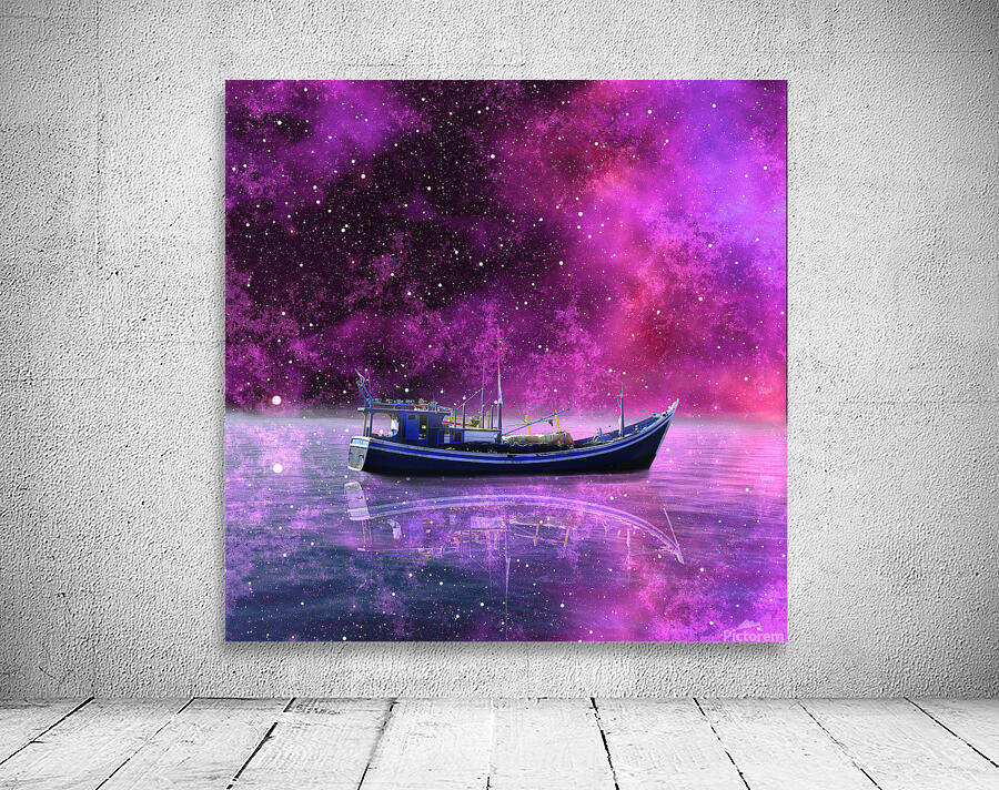 boat fisherman ship sea ocean milky way night nat Wall Preview