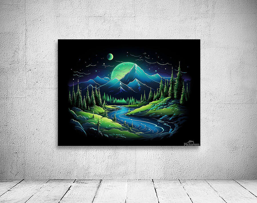 nature neon green blue mountains river trees dark Wall Preview