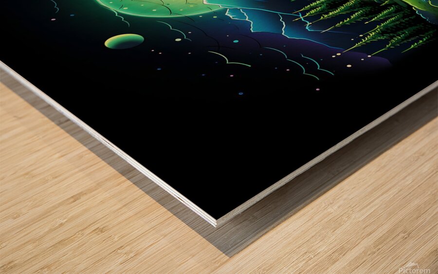 nature neon green blue mountains river trees dark Wood print