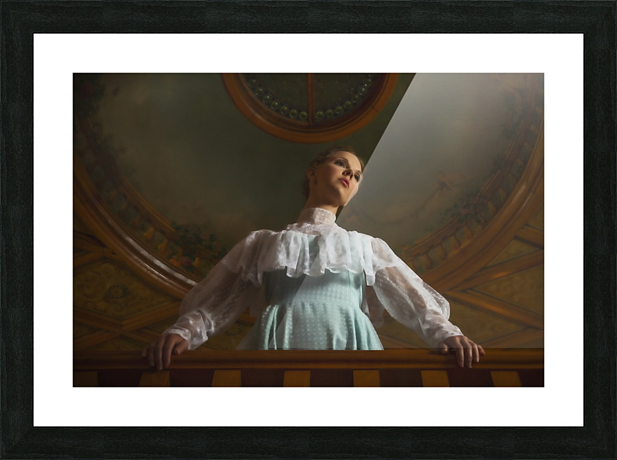 Young girl standing under a classical artwork of the cathedral ceiling Picture Frame print