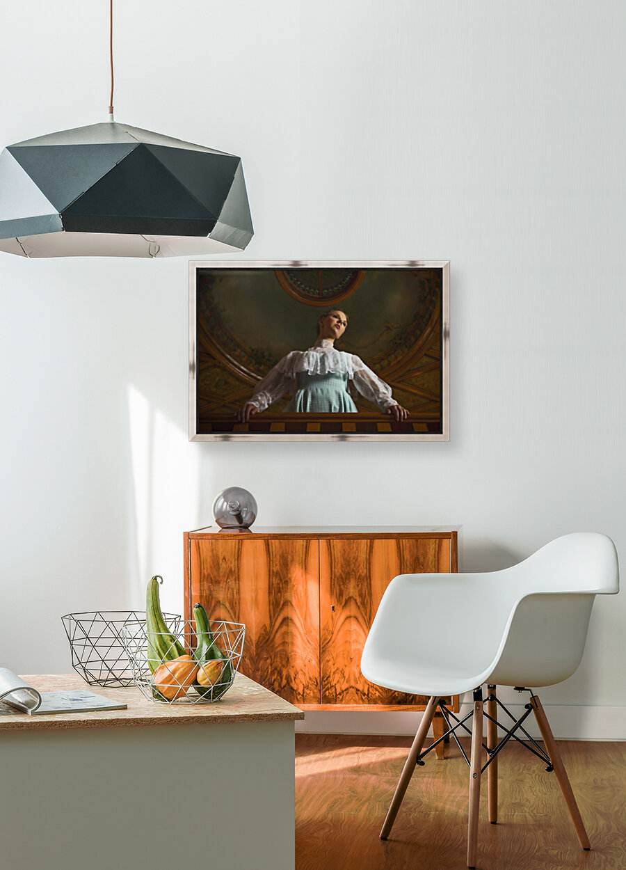 Young girl standing under a classical artwork of the cathedral ceiling Reproduction