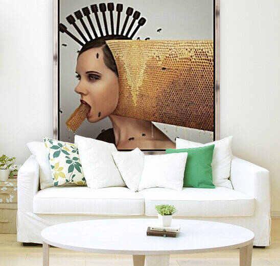 Portrait of a young woman wearing a mohawk of honey dippers and holding honeycombs with black bees by Artmood Visualz