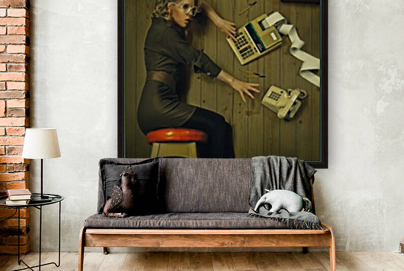 Secretary from the 80s sitting on a stool in her vintage office busy doing her work with her office supplies by Artmood Visualz