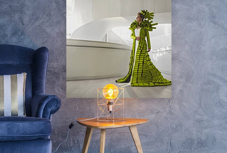 Woman wearing a coat made of empty green toilet paper rolls in a bright and minimalist decor by Artmood Visualz