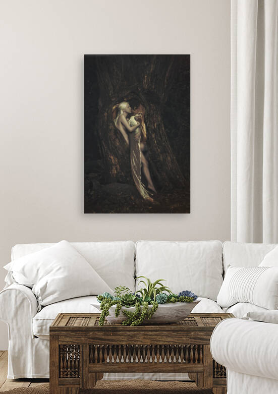 Young albino woman holding a white peacock in a tree hollow in a dark forest by Artmood Visualz