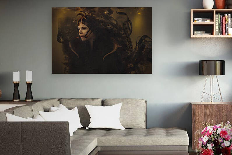 Woman looking like a female underwater creature with antlers wearing a costume made of film strips floating around in the dark and dirty water by Artmood Visualz