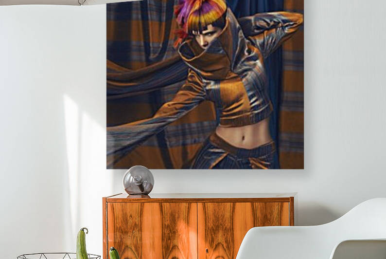 Young woman wearing a copper and blue long-sleeved and mock neck outfit posing with colorful hair style by Artmood Visualz